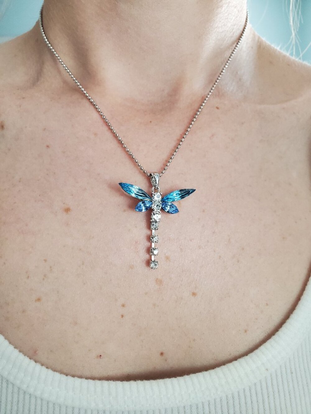 Silver and Blue Rhinestone Dragonfly Necklace